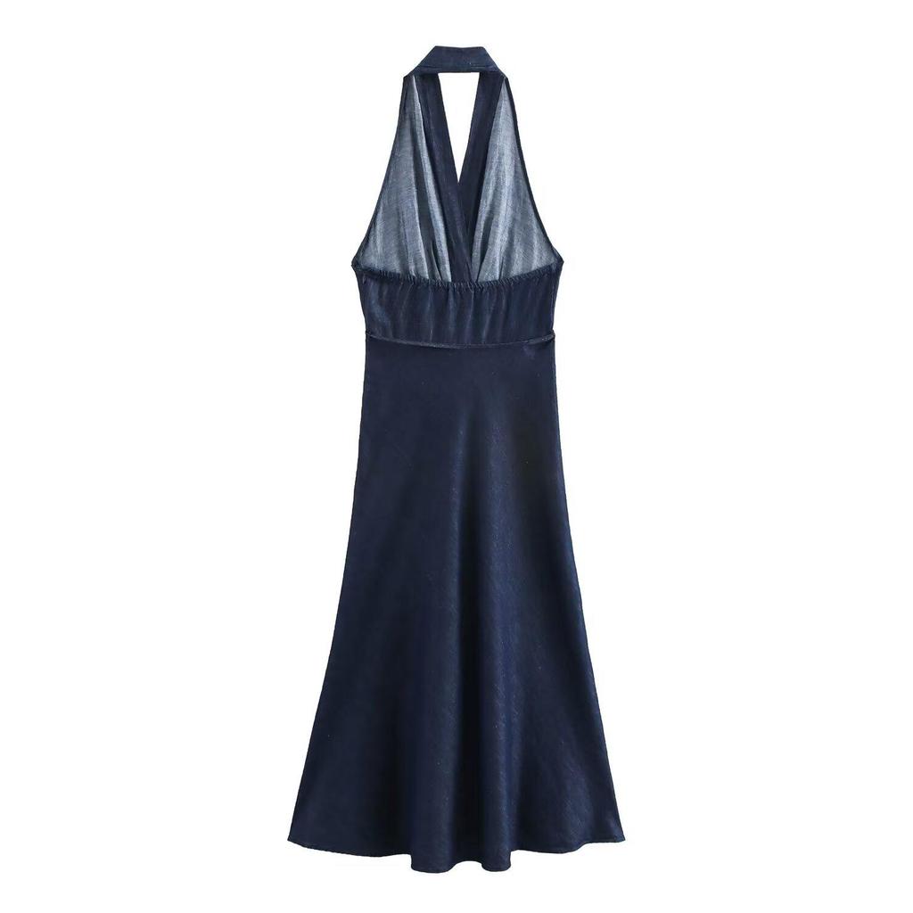Spring 2025 Women's Fashion: Elegant Slim Fit Halter Neck Backless Denim Dress