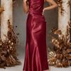 Light luxury burgundy satin suspender dress, waist pleated slim fishtail, banquet party night