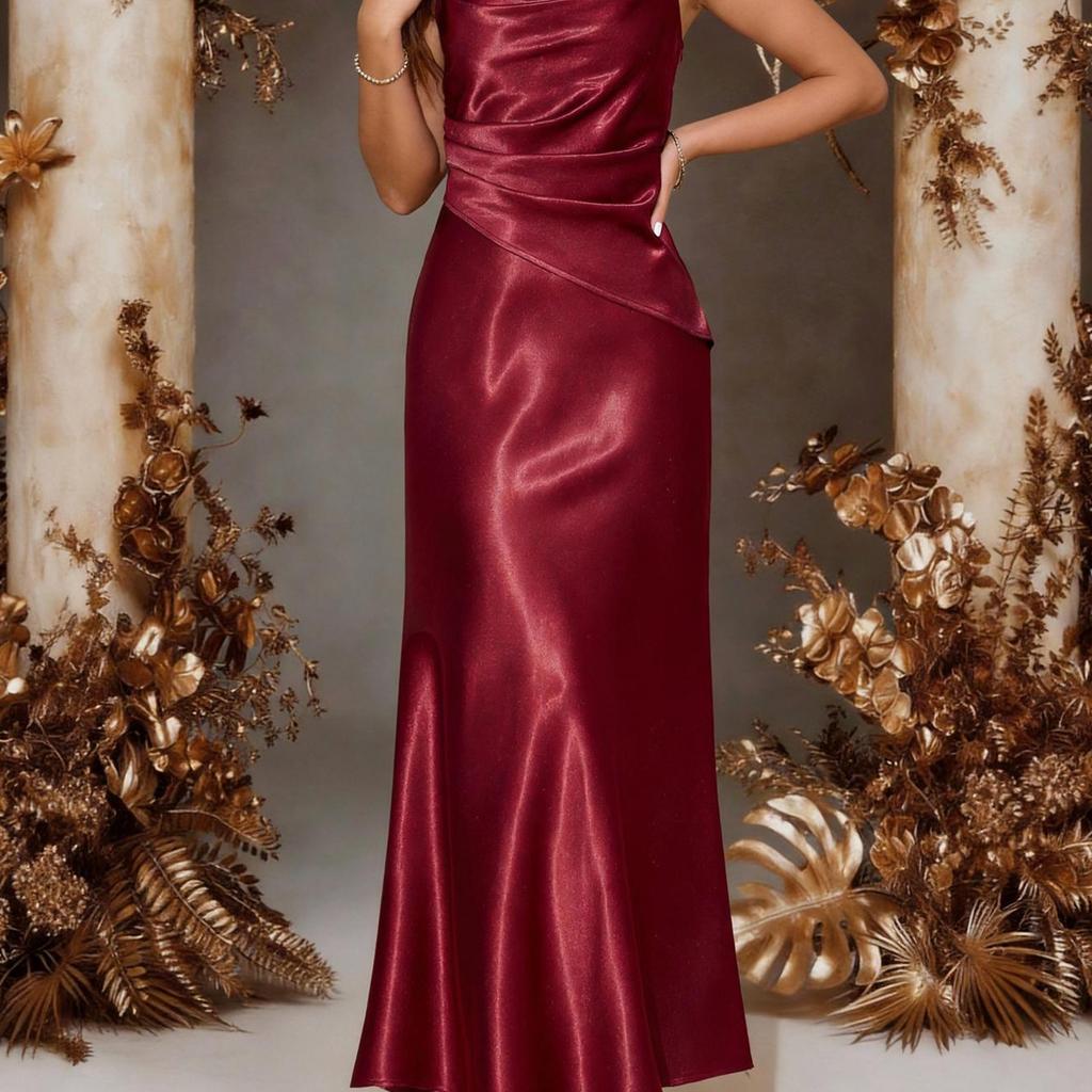 Light luxury burgundy satin suspender dress, waist pleated slim fishtail, banquet party night