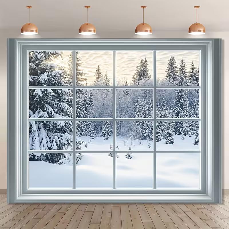 2D Winter Window Scenery Backdrop Snow Forest Studio Photography Background