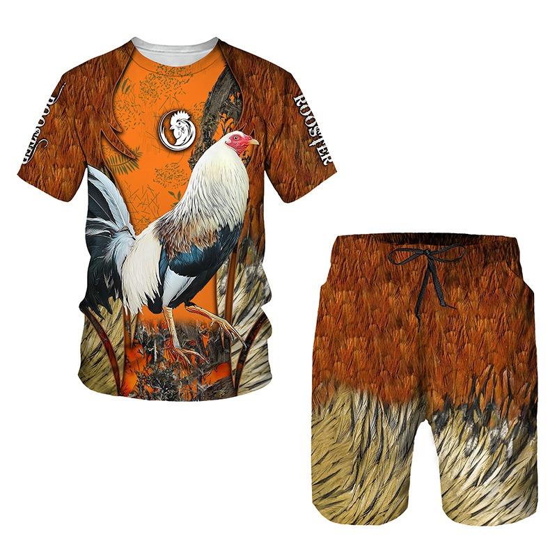 Hahnjagd Sommer Herren 3D-Druck Mann Set T-Shirt + Shorts Outfit Trainingsanzug Hahn Tier Kurze Ärmel 2-teiliger übergroßer Anzug