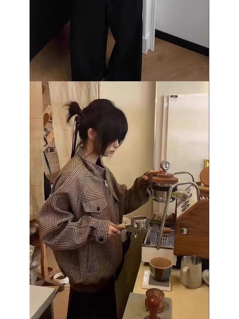 2025 Vlněná bunda Harrington s vzorem psí zuby - Unisex Ležérní Retro Americký styl Oblečení