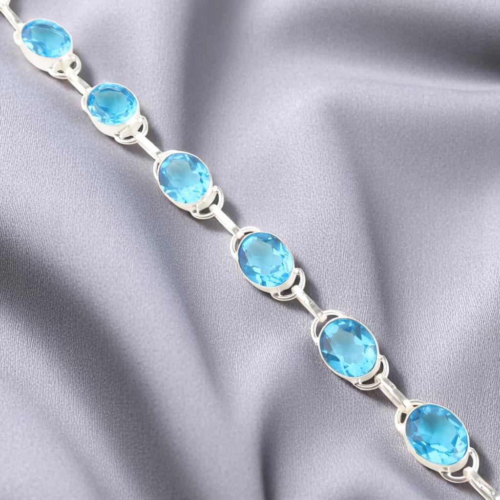 Swiss Blue Topaz Gemstone 925 Sterling Silver Gift Jewelry Handmade Bracelet 8" RB-10-3