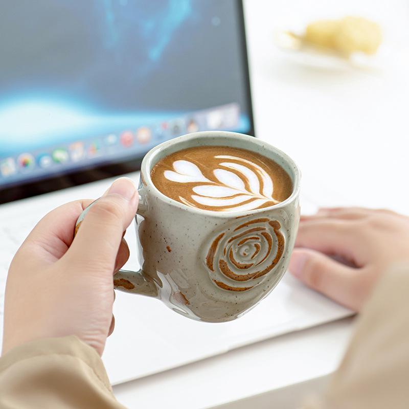 Japanese-style Mug Coarse Pottery Retro Coffee Cup Handmade Relief Rose Ceramic Cup Milk Breakfast Teacup Drinking Utensils Gift