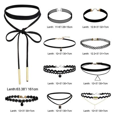 10 kusů Choker náhrdelník Černý Klasický Sametový Strečový Gotický Tetovací Náhrdelník