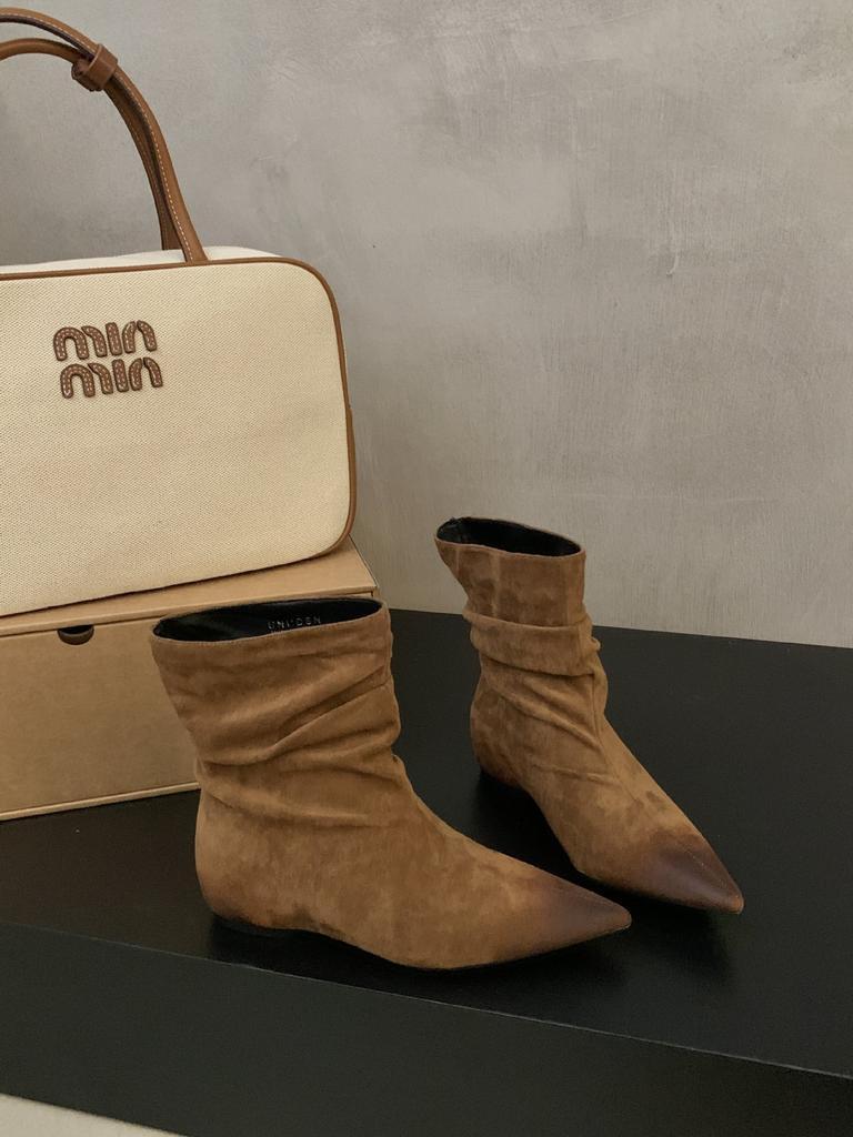 French pointed head polished color inner fold thin short boots women's autumn and winter new retro pleated stacked short bare boots