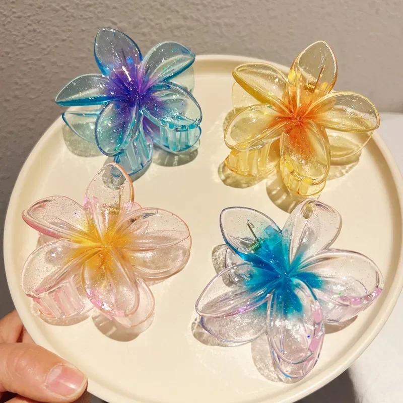 Fashion Sparkling Flower Claw Clip for Women Transparent Sweet Ponytail Shark Clip Versatile Girl Hair Accessories