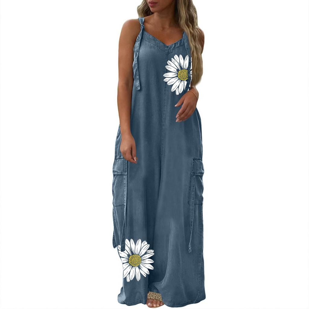 Women's Fashion Casual Loose Pocket V-Neck Workwear Printed Comfort Jumpsuit