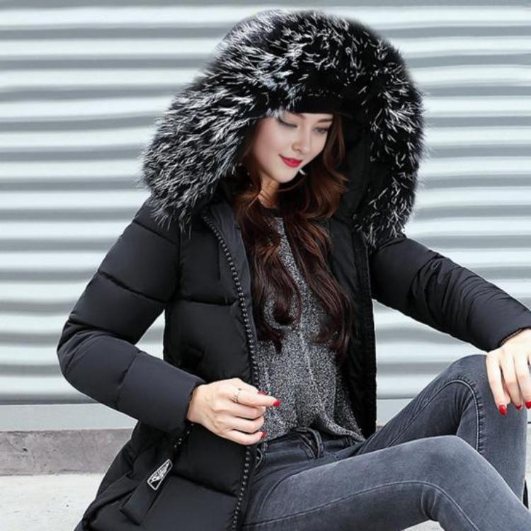 Winter Women Parka Cotton Jacket Windproof Padded Coat Zip Up Long Sleeves Furry Hood Heat Retention Knee Length Solid Color Outwear with Pockets