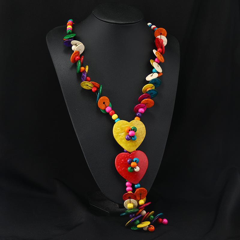 Bohemian Colored Coconut Shell Necklace Holiday Style Long Wooden Handmade Sweater Chain Women's Accessories