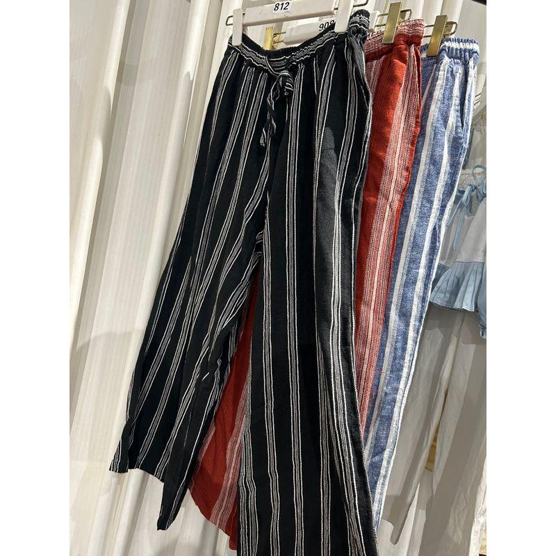 

55 Linen 45 Cotton Blended Elastic Waist Stretchy Straight-Leg Pants Women s Pants A412 Black wide stripe One size