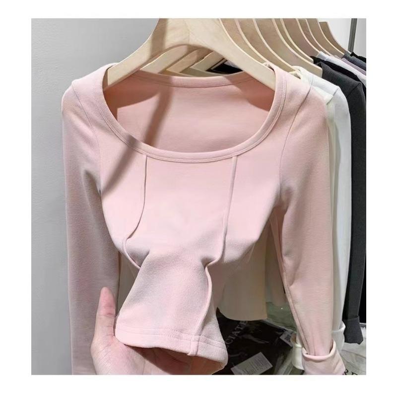 

Футболка с длинными рукавами из немецкого велюра для женщин на осень и зиму, теплая, с меховым покрытием внутри, короткая базовая рубашка, облегающий топ 2XL розовый