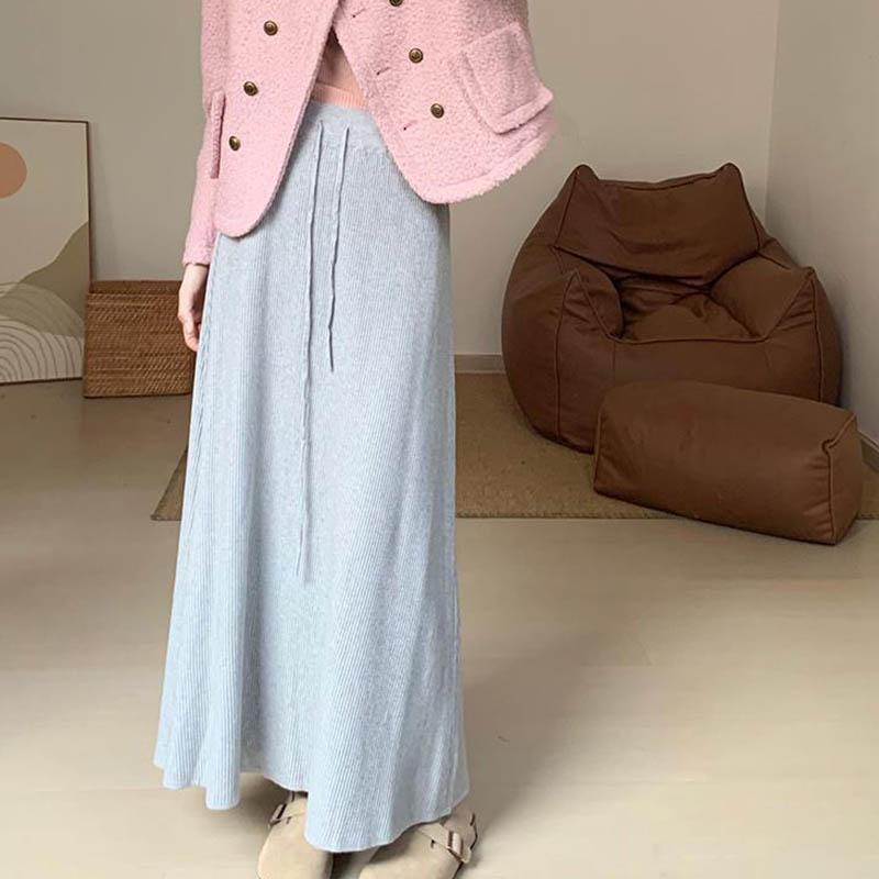 Skirt for Women Casual Versatile Elastic High Waist Long Loose Thickened Stretchy Slim Solid Colour Knit  Skirt