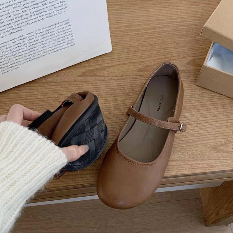 Fashion SUOJIALUN Autumn Women Flat Shoes Fashion Round Toe Shallow Slip On Ladies Casual Mary Jane Shoe Soft Flat Heel Dress Single Sho