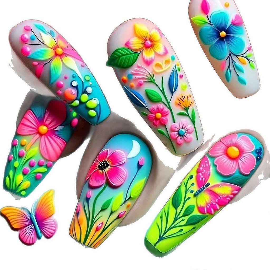 Medium-length Almond-shaped Nail Art Spring and Summer Fashion Nail Art Colorful Flower Gradient Stripe Nail Art Patches Multi-color
