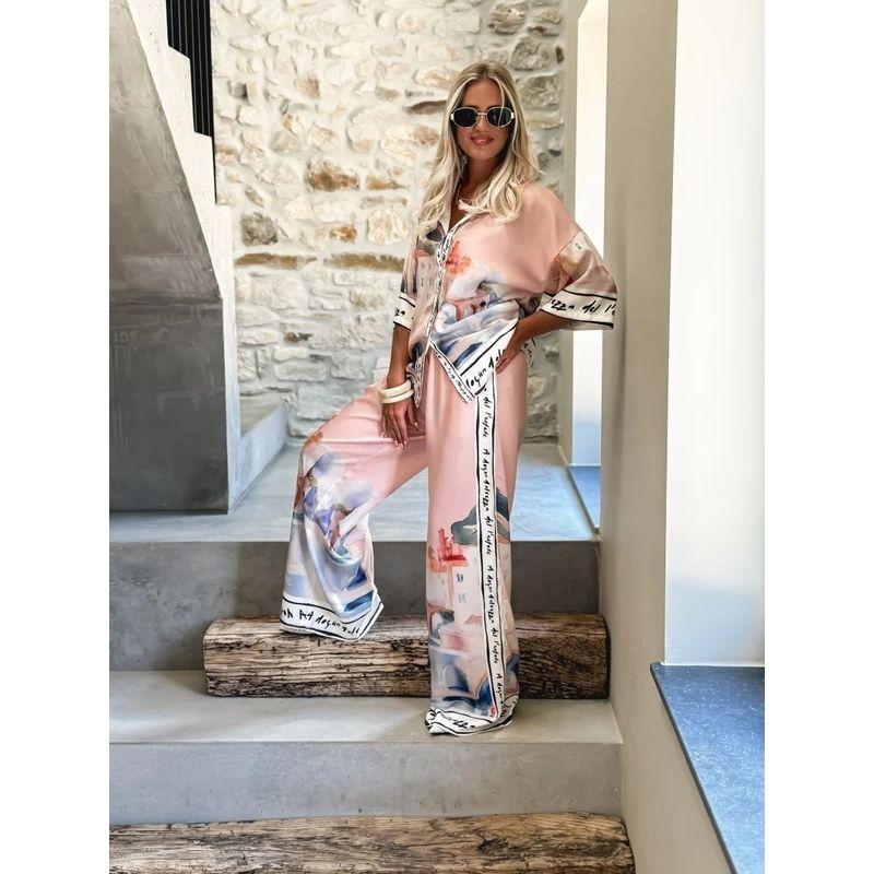 

Printed Shirt and Pants Set Western Style Fashion Loose Print Shirts Wide Leg Pants Set Pink XXL