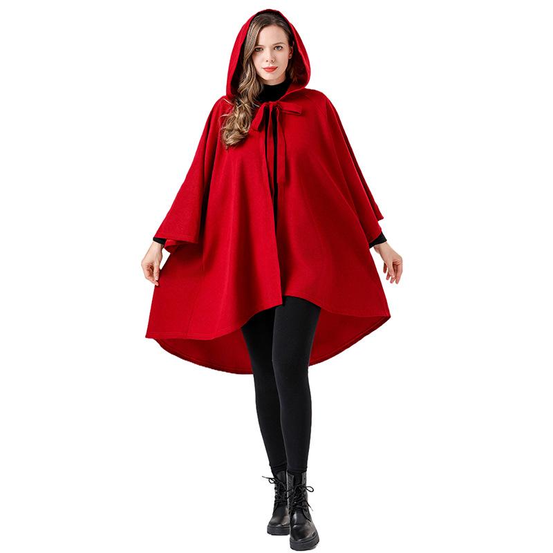 Red and Black Little Red Riding Hood Cloak Costume: Halloween Medieval Witch Robe with Sleeves