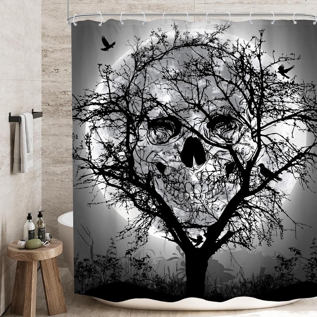 Dark Samurai Skeleton Waterproof Shower Curtain - Intricate Red Moon & Mountain Design for a Bold and Mysterious Bathroom Decor