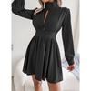 Spring and Summer Sexy Hollow Out A-line Party Short Dress Slim Waist Casual Turtleneck Long Sleeve Evening Dress Streetwear Solid Color Clothing