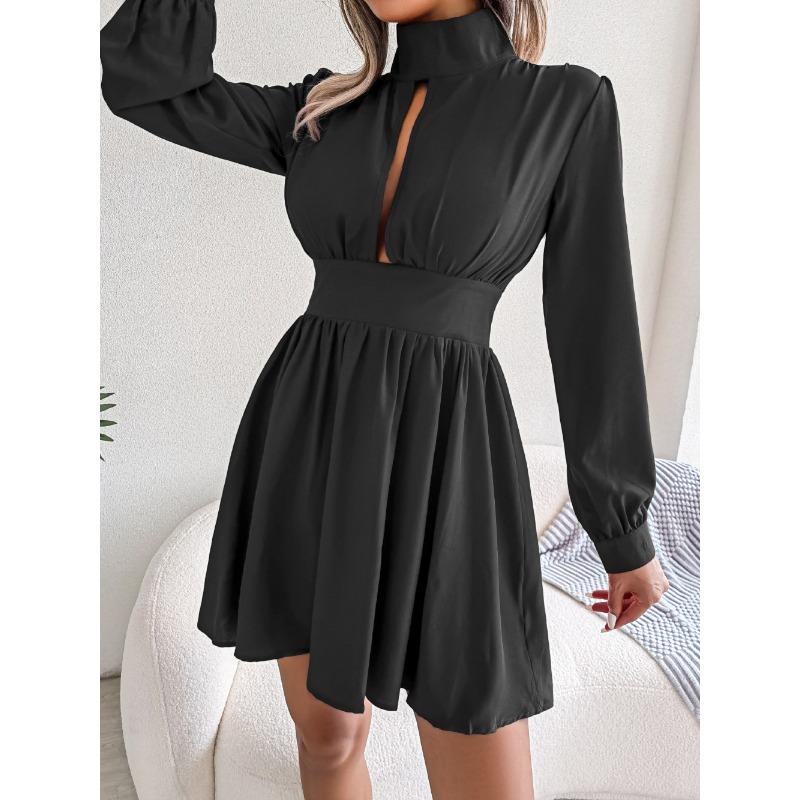 Spring and Summer Sexy Hollow Out A-line Party Short Dress Slim Waist Casual Turtleneck Long Sleeve Evening Dress Streetwear Solid Color Clothing