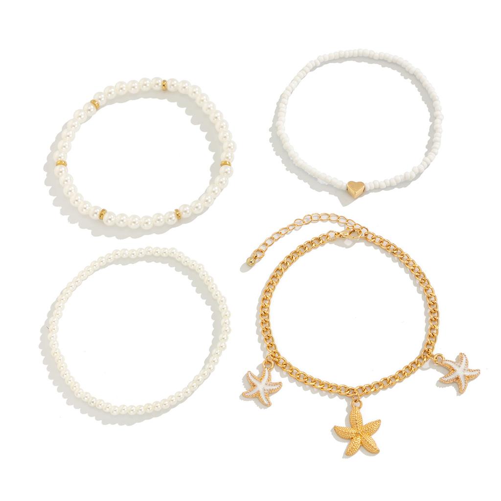Beach Vacation Metal Starfish Pendant Anklet, Minimalist Multi-Layer Pearl Beaded Foot Jewelry For Women
