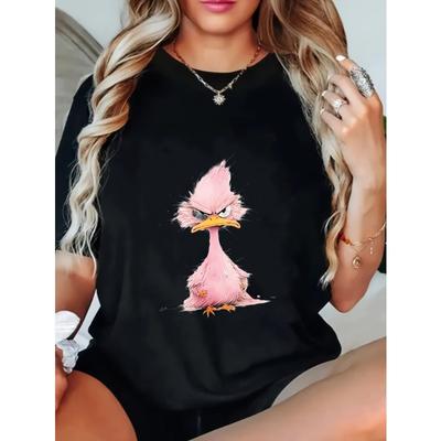 Women Casual T Shirt Black Pink Angry Duck Print Summer Loose Fit Top Everyday Wear