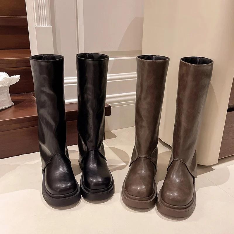 Fashion Winter Platform New Women Motorcycle High Boots 2025 Punk Shoes Knee High Designer Snow Boots Trend Flats Woman Chelsea Botas