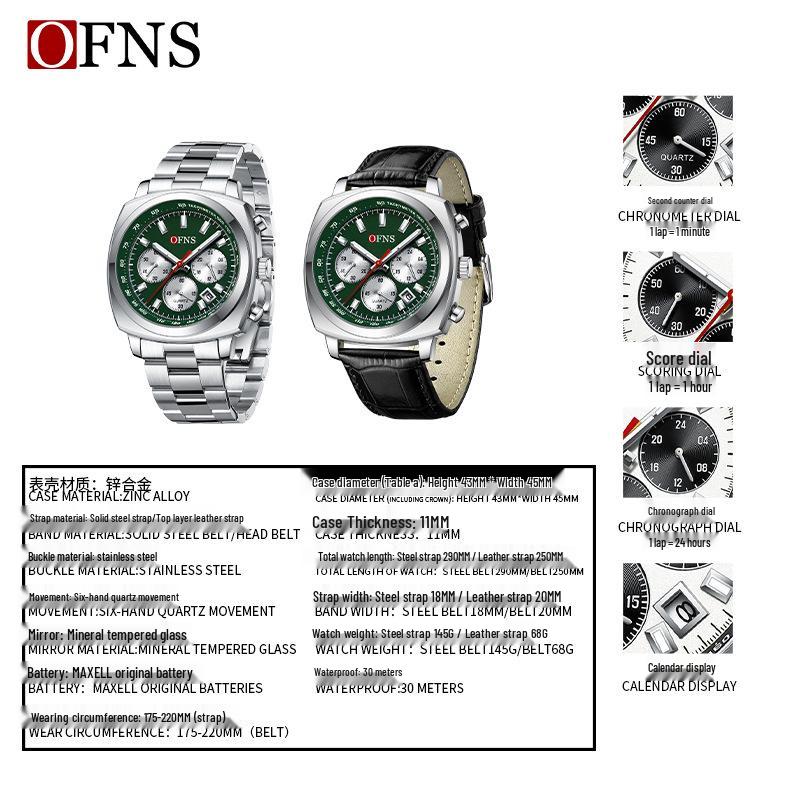 OFNS Men's Multi-Function Waterproof Quartz Watch - Business Edition with Calendar and Six-Hand Chronograph.