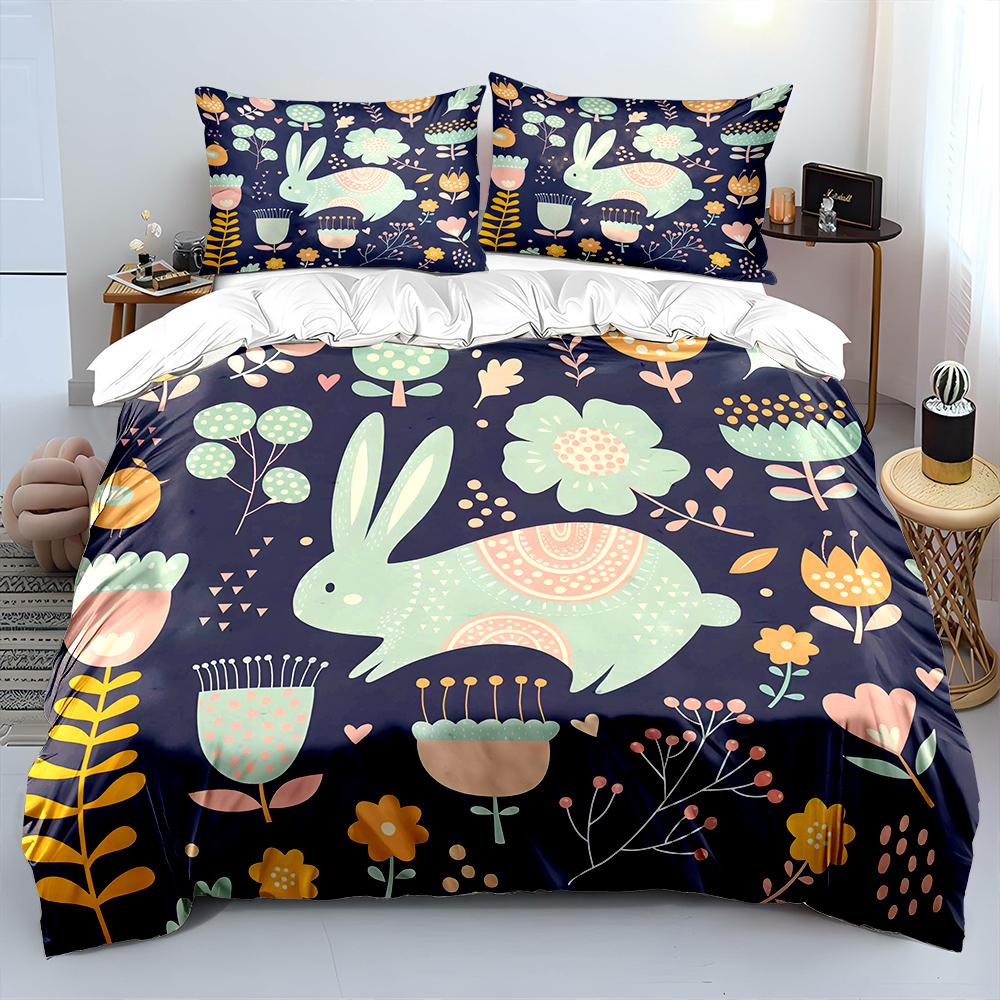 Cute Hand-Drawn Rabbit And Floral Pattern Bedding Set 1 Duvet Cover 2 Pillowcases For Adult And Children Luxury Gift Full Size