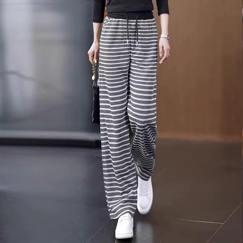 Women's Striped Elastic Waist Wide-Leg Knitted Pants, Slim-Fit Casual, Spring/Autumn 2025.