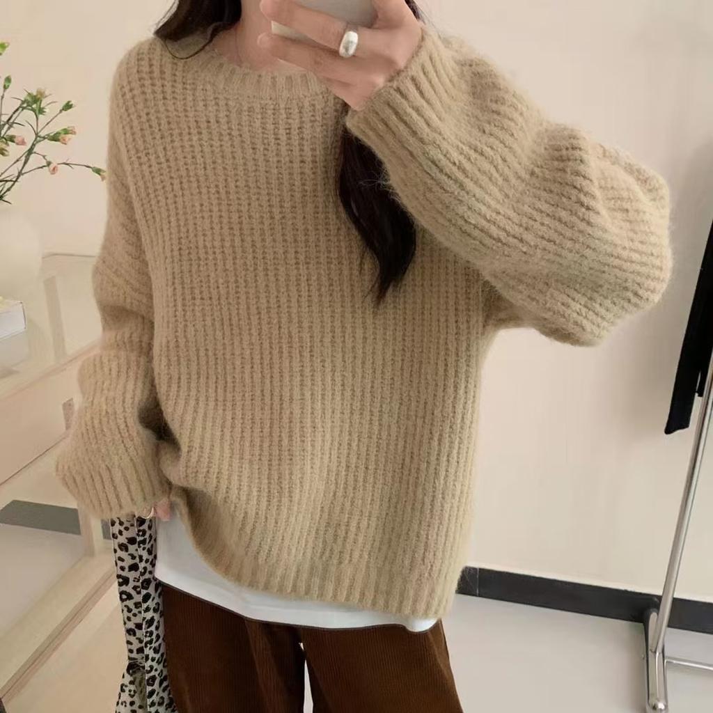 Thickened handmade stick needle alpaca wool lazy loose beige round neck pullover sweater women's autumn and winter new sweater