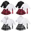 Kızlar Japon Kore Okul Üniforması Anime Kostümü Uzun Kollu Gömlek Ceket Pileli Ekose Mini Etek ile 4 Parça Set