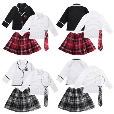 Mädchen Japanisch Koreanische Schuluniform Anime Kostüm Langarm Hemd Jacke mit Falten Karo Minirock 4-teiliges Set