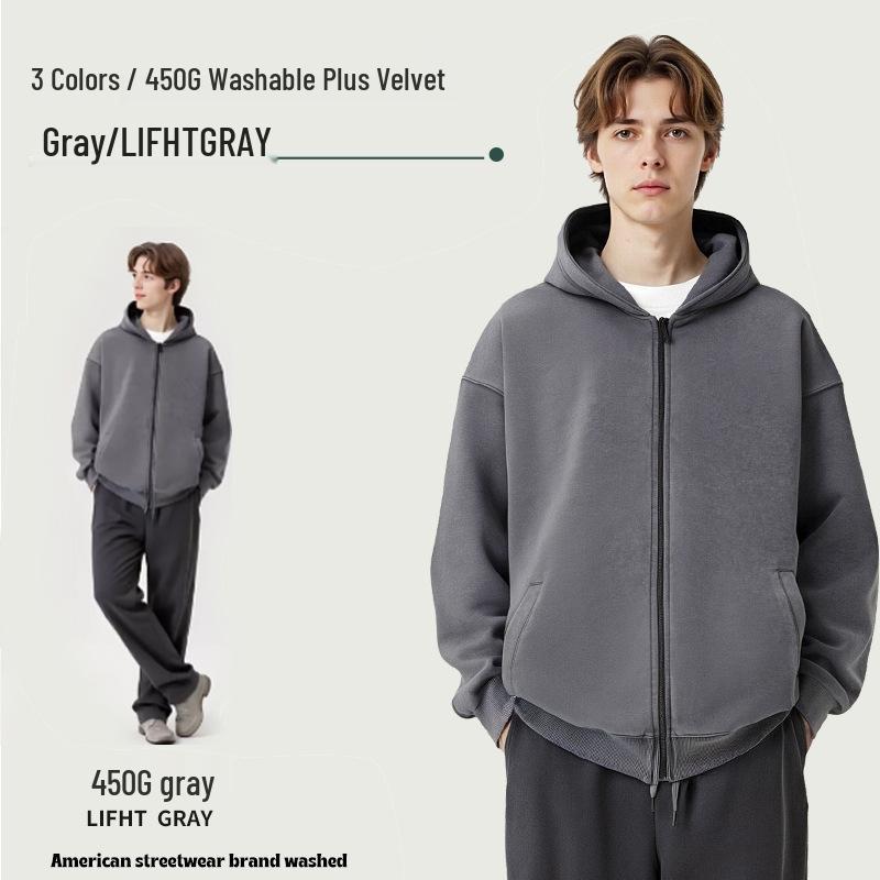 Men s Heavyweight Washed Velvet Hoodie - Autumn Winter Zipper Cardigan Jacket 3XL