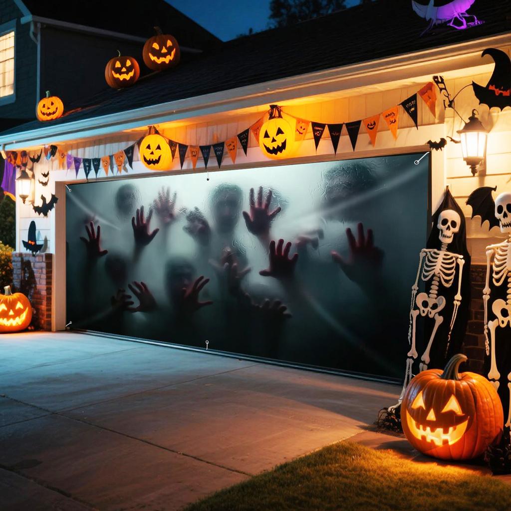 [2D Flat Printing] 1 piece of eerie atmosphere ghost hand - Halloween garage door banner, extra-large size fabric wall DJH