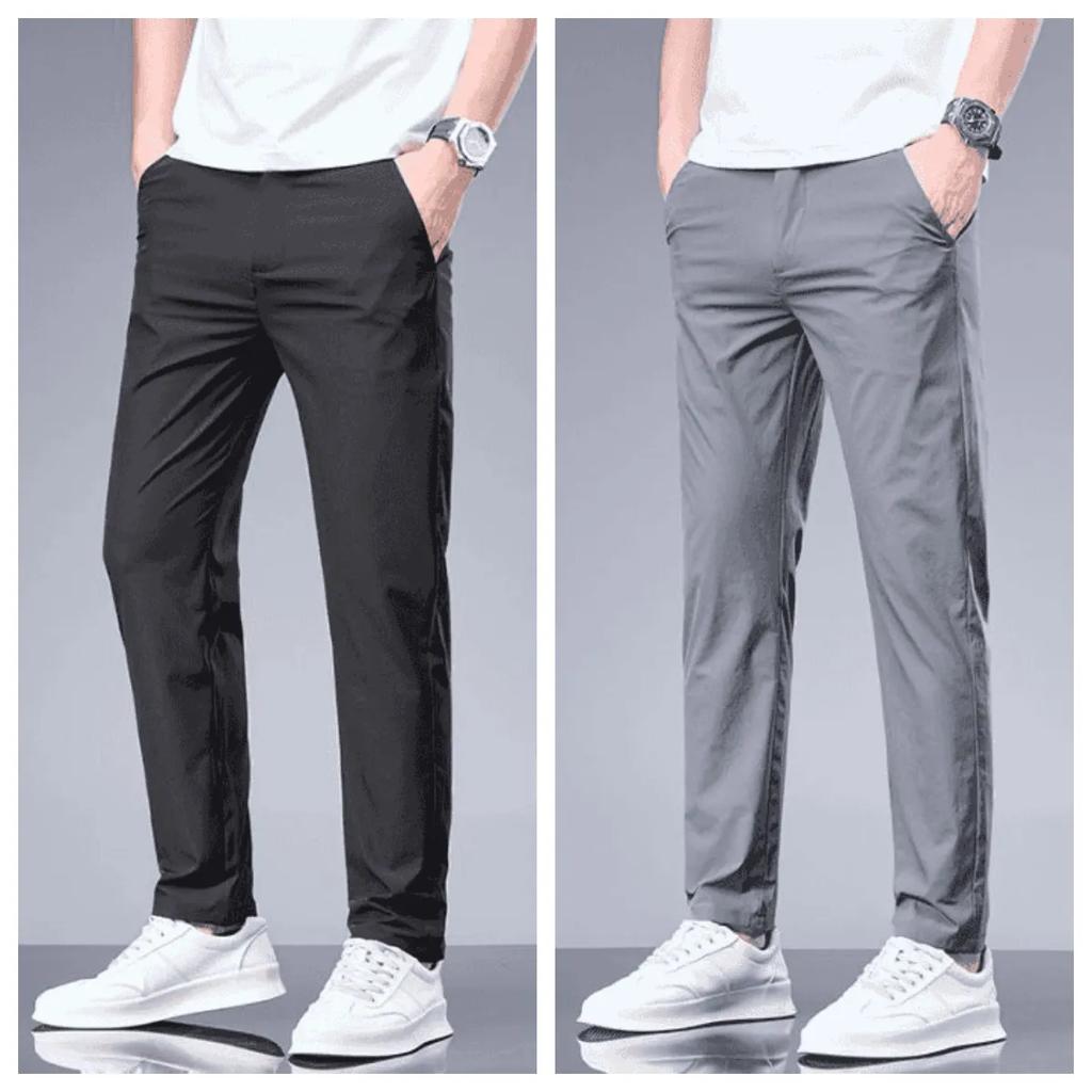 Summer New Business Ice Silk Pants Straight Elastic Waist Black Gray Trousers Breathable Simple Male Clothing Casual Suit Pants