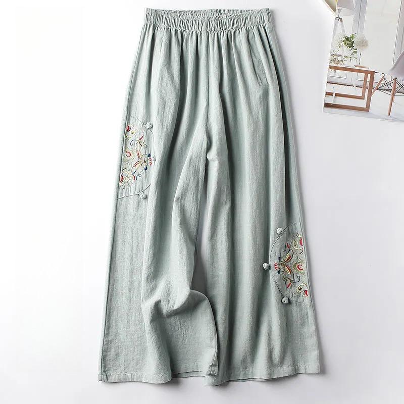 Cotton and Linen Casual Pants Women's Pants Spring and Summer Thin Retro Ethnic Style Embroidered Wide-leg Pants All-match Thin Nine-point Pants Women