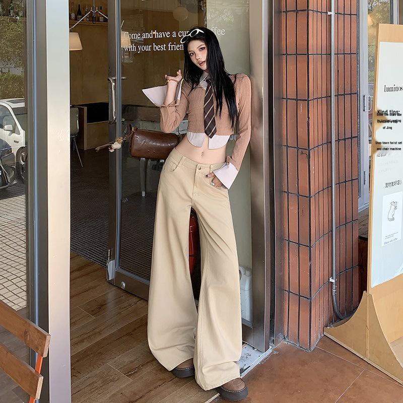 Women's Khaki Wide-Leg High-Waisted Slimming Floor-Length Jeans - 2025 Autumn/Winter Collection