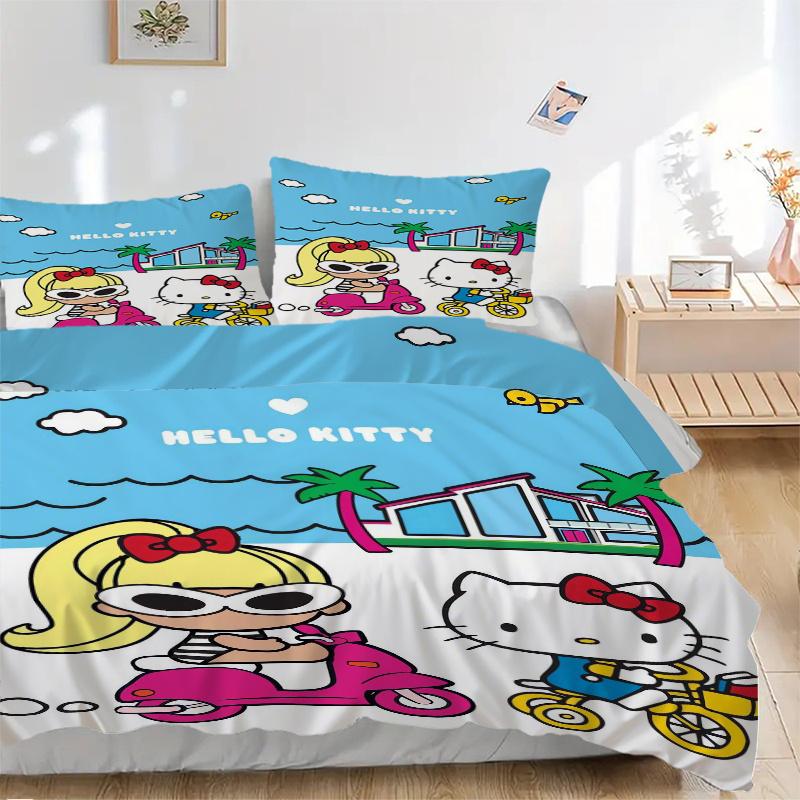 

3pcs Hello Kitty on a Bike Bedding Set - 1 Soft Quilt Cover + 2 Pillowcases, Machine Washable - Suitable for All Seasons, Perfect Gift for F 135x200cm