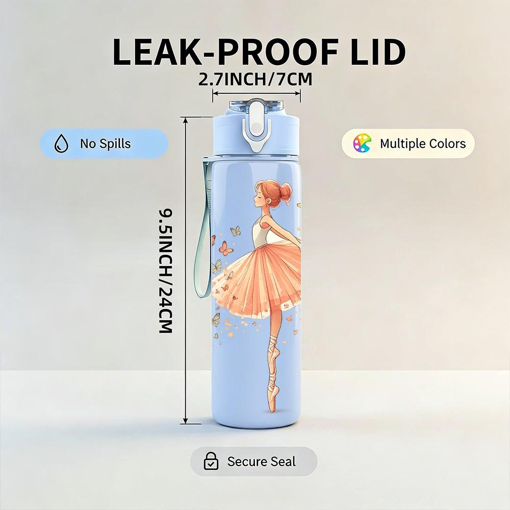 1PC Delicate Pink Ballerina Dancer Print 750ml Color Plastic Sports Water Bottle Leakproof Flip Straw Lid Suitable for Sports Office Home Use