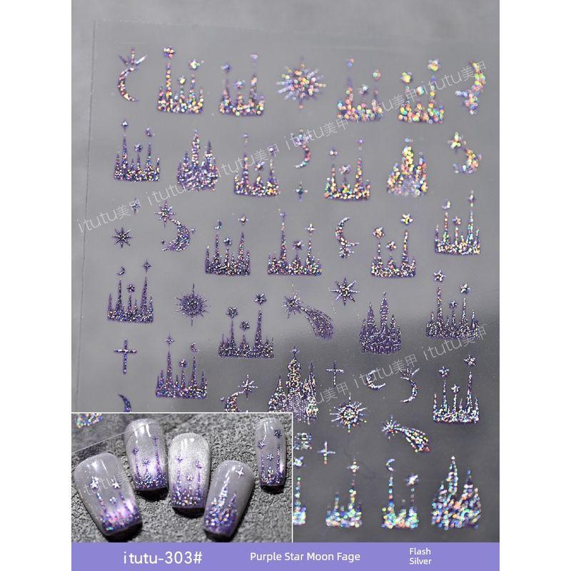 

New Arrival Fantasy Star Moon Camouflage Relief Nail Sticker Colorful Sparkle Silver Starry Sky Moon Castle Adhesive Nail Decals itutu-303# Purple Star and Moon Trace Flash Silver