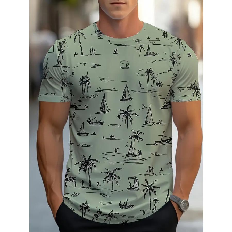 Men Tropical Palm Tree Graphic T-Shirt - Breathable Mesh Fabric, Casual Short Sleeve Crewneck, Summer Style with Sailboat & Coconut Design