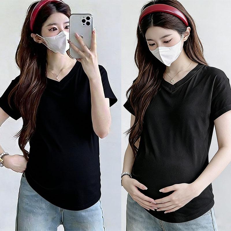 Maternity V-Neck Short Sleeve Pleated T-Shirt - Loose Fit, Belly-Covering, Solid Color, Summer Style