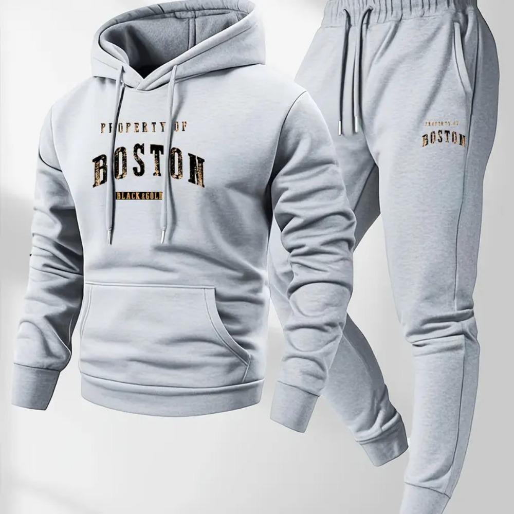 Men's Letter Printed Hooded Sweatshirt and Sweatpants Soft and Comfortable Warm Sweatpants Autumn and Winter Set