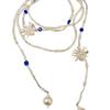 Pearl Blue Crystal Flower Beaded Necklace for Women, Stackable Multi-layer, Elegant Sweater Chain.