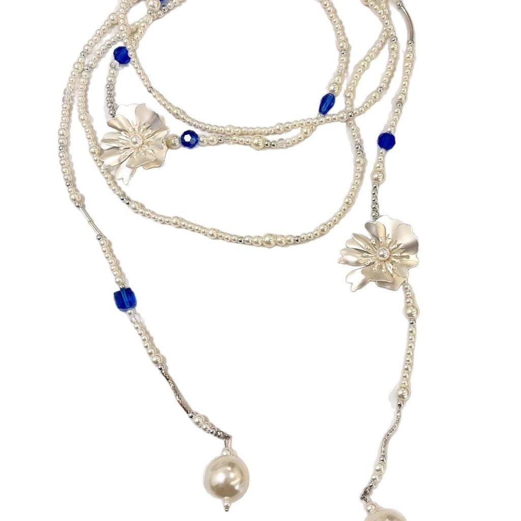 Pearl Blue Crystal Flower Beaded Necklace for Women, Stackable Multi-layer, Elegant Sweater Chain.