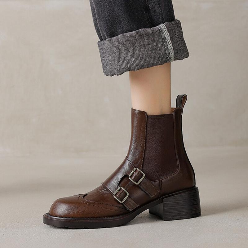 Fashion NEW Autumn Women Boots Round Toe Chunky Heel Shoes Split Leather Shoes for Women Slip-on Ankle Boots Belt Buckle Chelsea Boots
