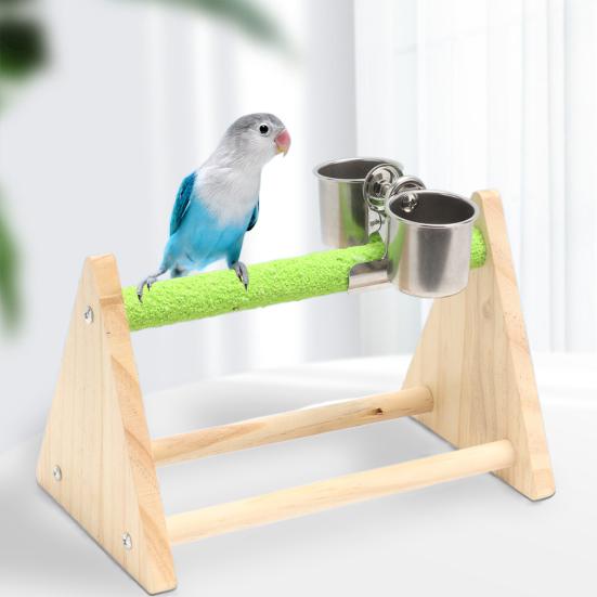 Yousheng Bird Toy Firm Triangle Stand with Feeding Cup Wear-resistant Bite-resistant Playing And Resting Natural Wood Pet Parrot Training Stand