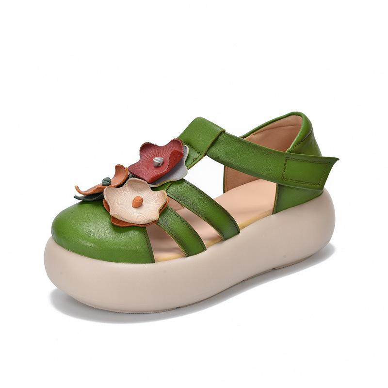 

Johnature Retro Flower Round Toe Sandals For Women s Genuine Leather Thick Soled Hollow-out Roman Shoes 35 зелений