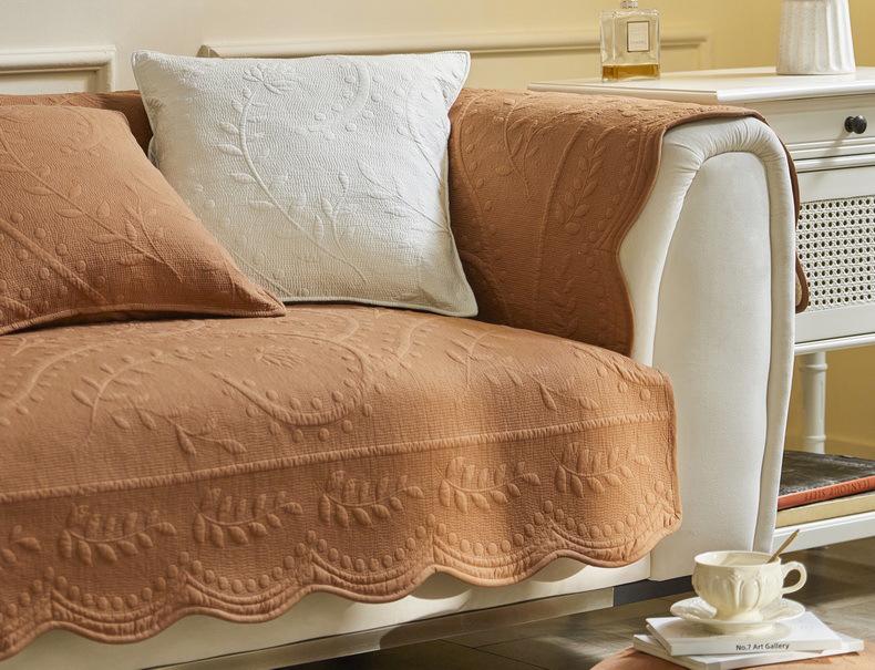 Vintage Embroidered All-Cotton Sofa Cushion with Non-Slip Lace, Four Seasons Universal Cover